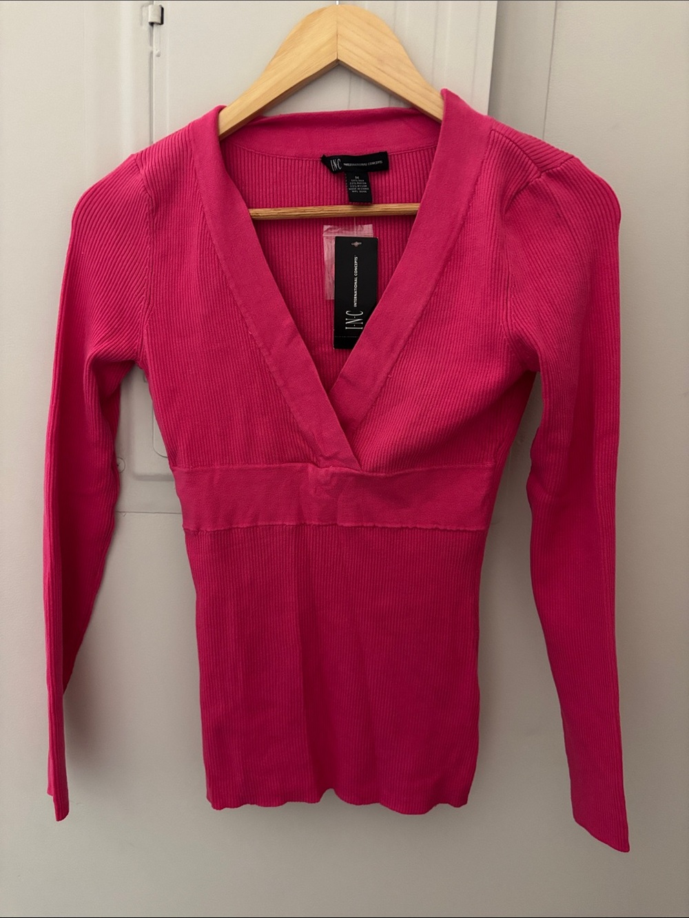 INC International Concepts Hot Pink Ribbed V-Neck Long Sleeve Top medium y2k